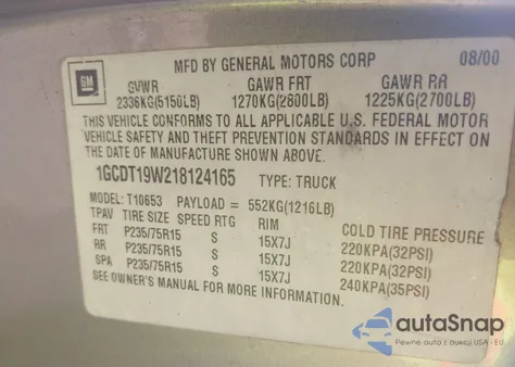 2001 Chevrolet S-10 Ls z USA, uszkodzony, nr VIN 1GCDT19W218124165